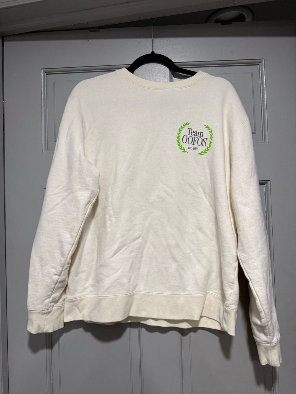 OOFOS Cream Crewneck Sweater with Green Logo